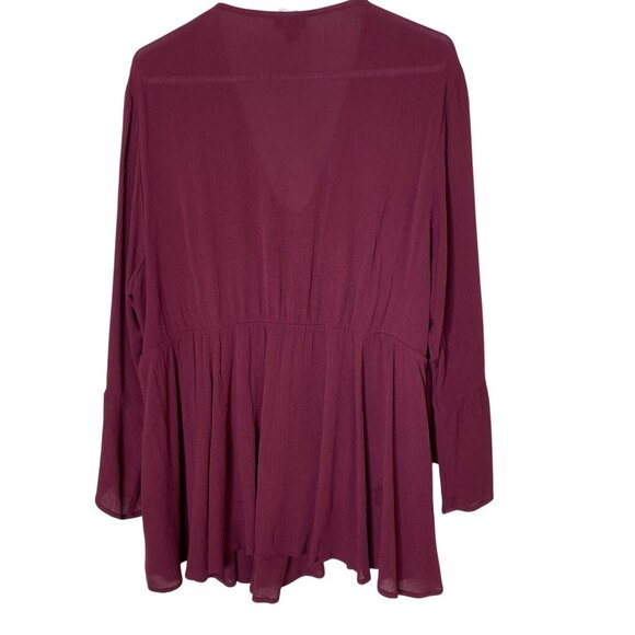 Torrid Burgundy Boho Peasant Top Plus Size 2X Bell Sleeve Crochet Lace Up Blouse - Picture 2 of 9